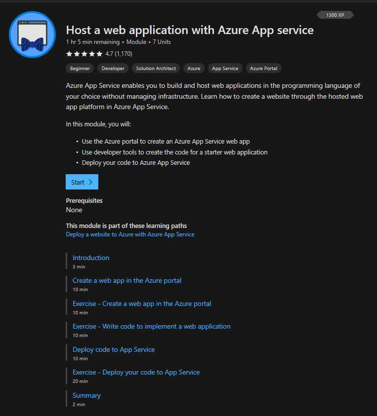 Microsoft Learn with the course Hosting a web application with Azure App service. Microsoft Learn has the dark color scheme in this image.
